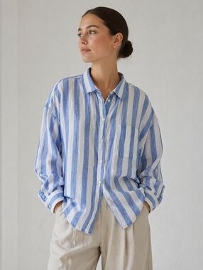 H&M Women's Size XL 100% LINEN Button Up Top Blouse Strips Nautical